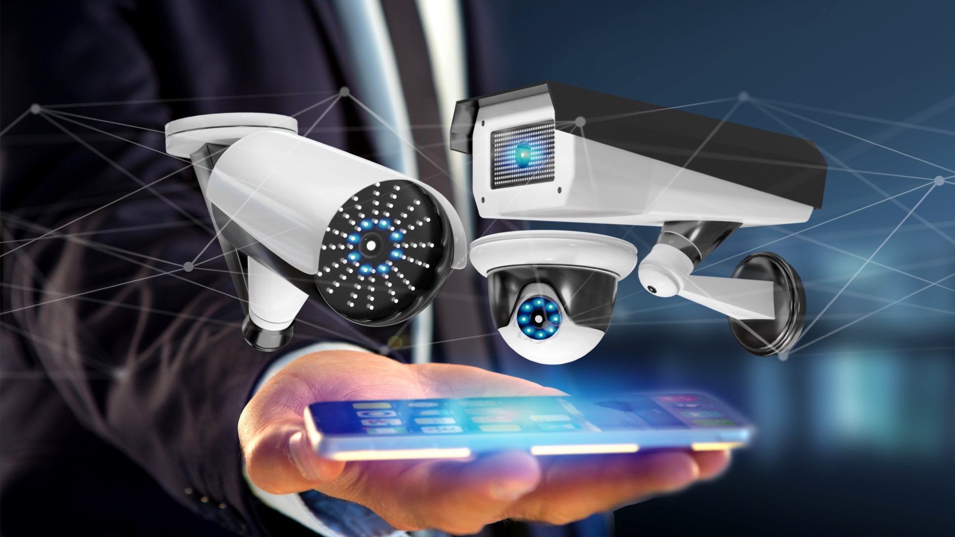 View of a Businessman using a smartphone with a Security camera system and network connection - 3d rendering